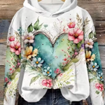 White knit hoodie with hood, front blue heart floral print and long sleeves