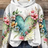 White knit hoodie with hood, front blue heart floral print and long sleeves