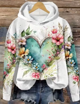 White knit hoodie with hood, front blue heart floral print and long sleeves