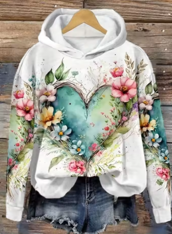 White knit hoodie with hood, front blue heart floral print and long sleeves