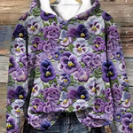Floral comfort hoodie, purple and white with long sleeves and hood
