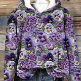 Floral comfort hoodie, purple and white with long sleeves and hood