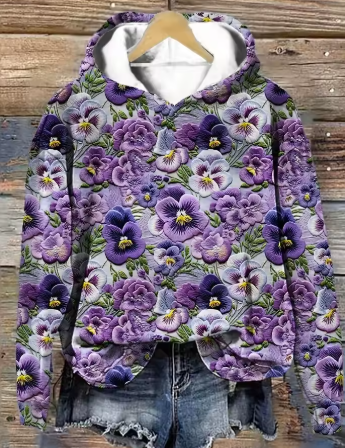 Floral comfort hoodie, purple and white with long sleeves and hood