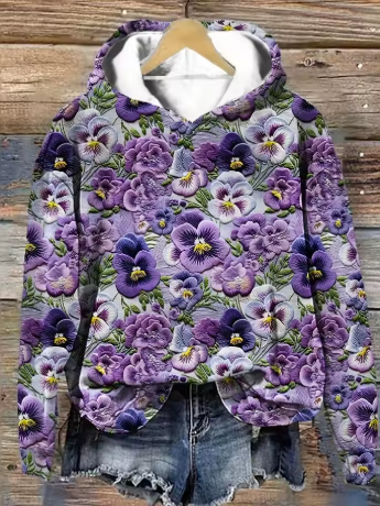 Floral comfort hoodie, purple and white with long sleeves and hood