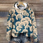 Soft knit hoodie with blue and cream floral print, front hood and drawstring