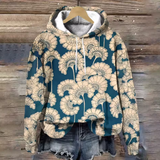Soft knit hoodie with blue and cream floral print, front hood and drawstring
