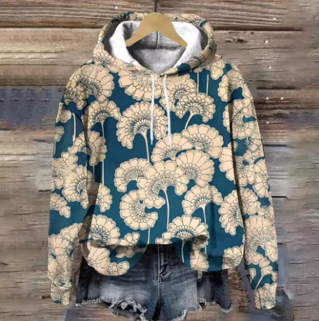 Soft knit hoodie with blue and cream floral print, front hood and drawstring
