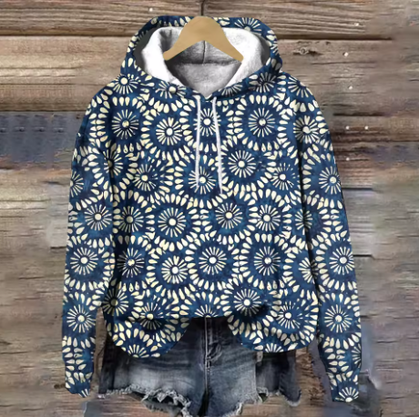 Soft knit hoodie in dark blue with white circular floral pattern, front hood