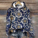 Soft knit hoodie in dark navy with gold and cream floral print, front hood