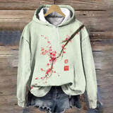 Classic lounge hoodie, sage green with red floral print and kangaroo pocket