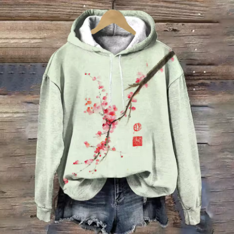 Classic lounge hoodie, sage green with red floral print and kangaroo pocket