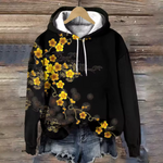 Classic lounge hoodie, black with yellow floral branch print and drawstring hood