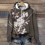 Classic lounge hoodie, dark brown with white blossom branch print and drawstring hood