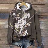 Classic lounge hoodie, dark brown with white blossom branch print and drawstring hood