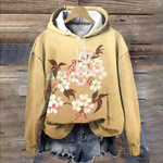 Classic lounge hoodie, beige with pink floral bouquet print and drawstring hood