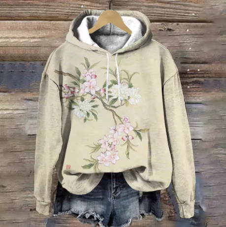 Classic lounge hoodie, light beige with pastel pink and green flower branch print