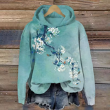 Classic lounge hoodie, teal with blue floral branch print and drawstring hood