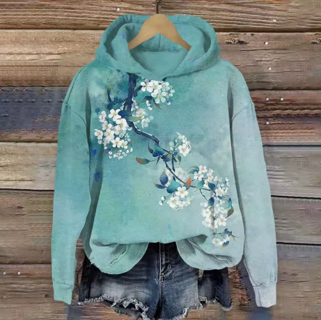 Classic lounge hoodie, teal with blue floral branch print and drawstring hood