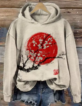Mabel comfort hoodie, light gray with red circular cherry blossom tree graphic
