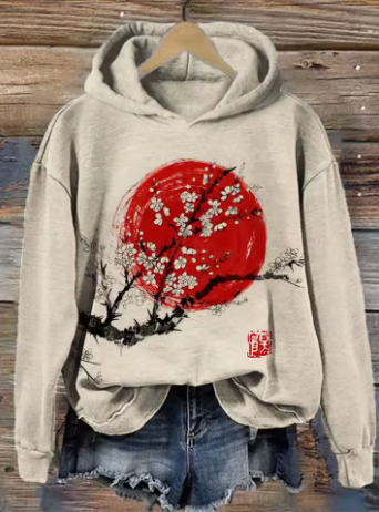 Mabel comfort hoodie, light gray with red circular cherry blossom tree graphic