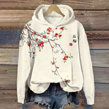 Mabel comfort hoodie, off-white with colorful floral branch print and small script