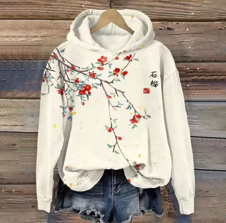 Mabel comfort hoodie, off-white with colorful floral branch print and small script