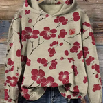 Olivia Pure knit hoodie with red floral print, hood, kangaroo pocket