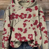 Olivia Pure knit hoodie with red floral print, hood, kangaroo pocket