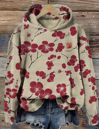 Olivia Pure knit hoodie with red floral print, hood, kangaroo pocket