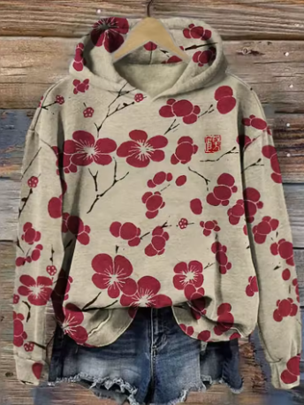 Olivia Pure knit hoodie with red floral print, hood, kangaroo pocket