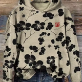 Olivia Pure knit hoodie with black floral print, hood, kangaroo pocket
