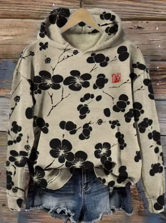 Olivia Pure knit hoodie with black floral print, hood, kangaroo pocket