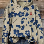 Olivia Pure knit hoodie with blue floral print, hood, kangaroo pocket