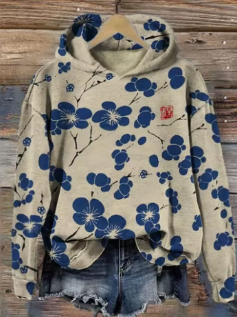 Olivia Pure knit hoodie with blue floral print, hood, kangaroo pocket
