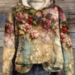 Vera relaxed comfort hoodie with multicolor floral and abstract pastel print, drawstring hood