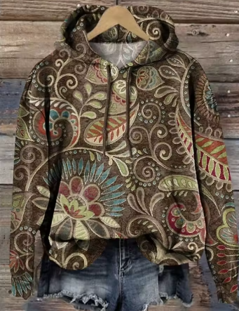 Paisley print zip-front hoodie, drawstring hood, kangaroo pocket