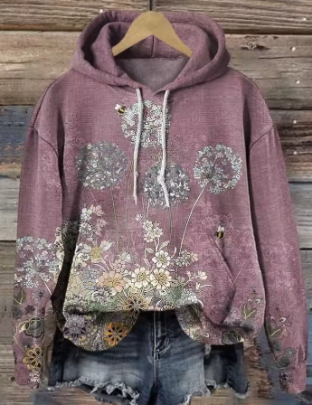 Glaube mauve zip-up hoodie with floral graphic print on front, hood and drawstrings