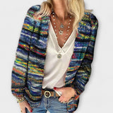 Blue and rainbow striped knit cardigan, long sleeves, relaxed open front