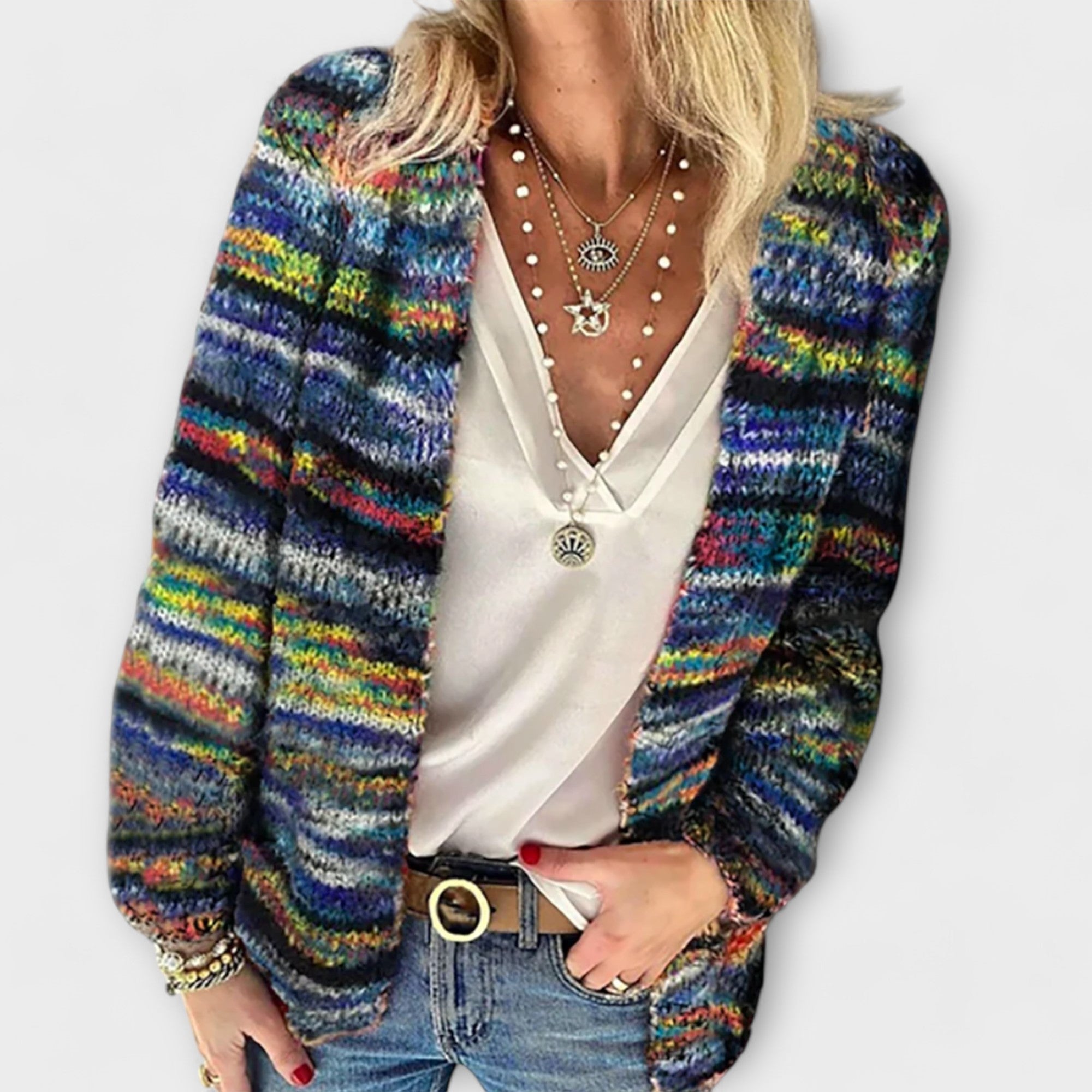 Blue and rainbow striped knit cardigan, long sleeves, relaxed open front
