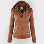 Brown hooded zip-up jacket with drawstrings and two chest pockets