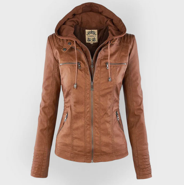 Brown hooded zip-up jacket with drawstrings and two chest pockets