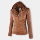 Hooded zip-up jacket in brown with adjustable drawstrings and front pockets