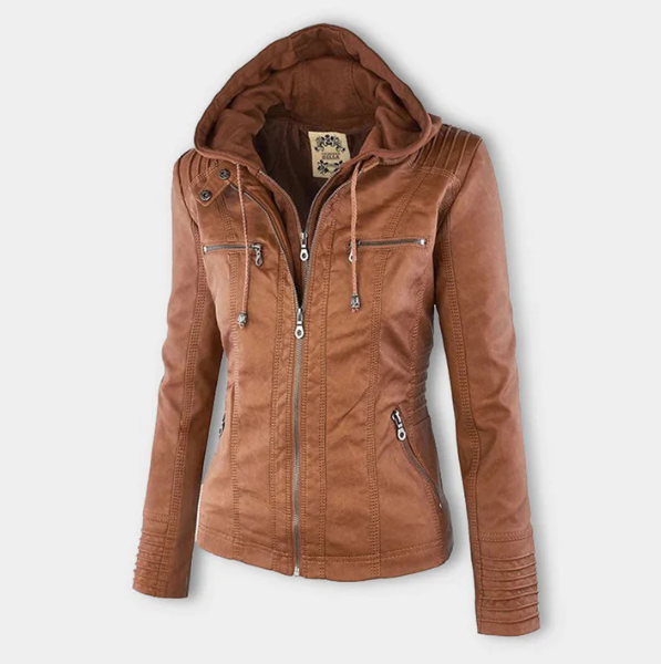 Hooded zip-up jacket in brown with adjustable drawstrings and front pockets