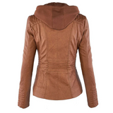 Brown hooded jacket back view with stitched paneling and long sleeves