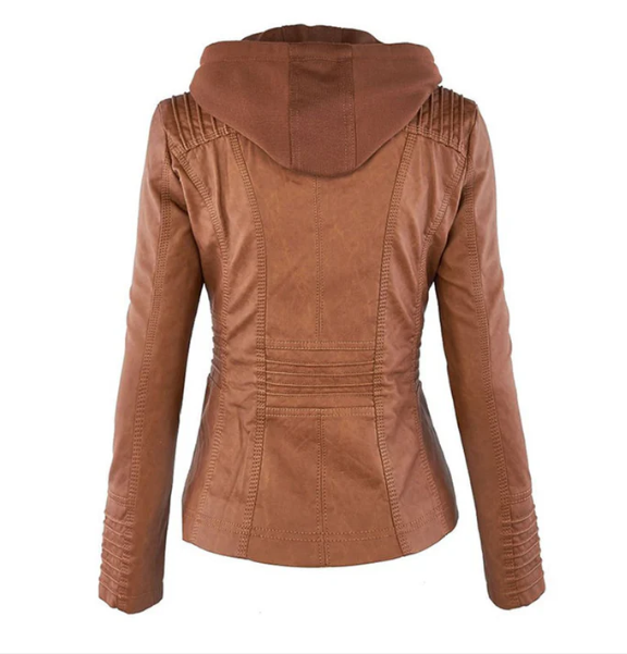 Brown hooded jacket back view with stitched paneling and long sleeves
