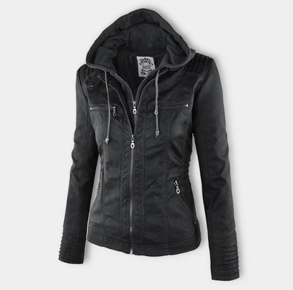 Hooded zip-up jacket in black with drawstrings and chest pockets