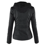 Black hooded jacket back view with stitched paneling and long sleeves