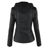 Black hooded jacket back view with stitched paneling and long sleeves