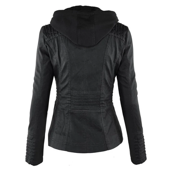 Black hooded jacket back view with stitched paneling and long sleeves