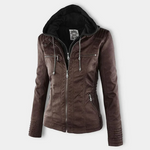 Hooded zip-up jacket in dark brown with adjustable drawstrings and front pockets
